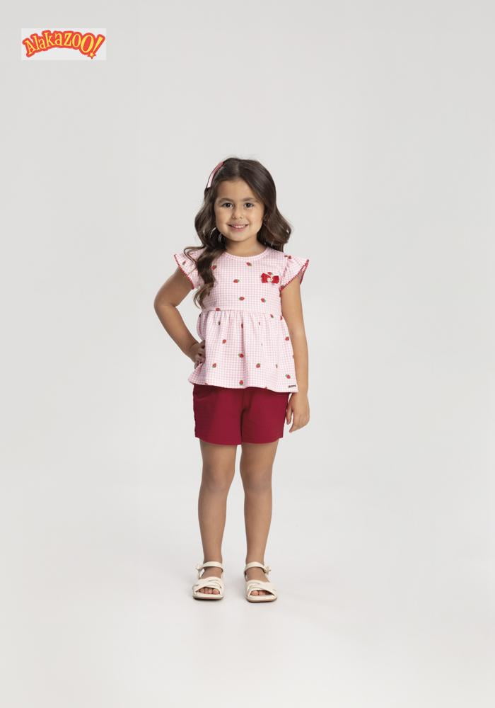 CONJUNTO INFANTIL ALAKAZOO BLUSA BATA COM ESTAMPA DE MORANGO E SHORTS TEXTURIZADO - 65313