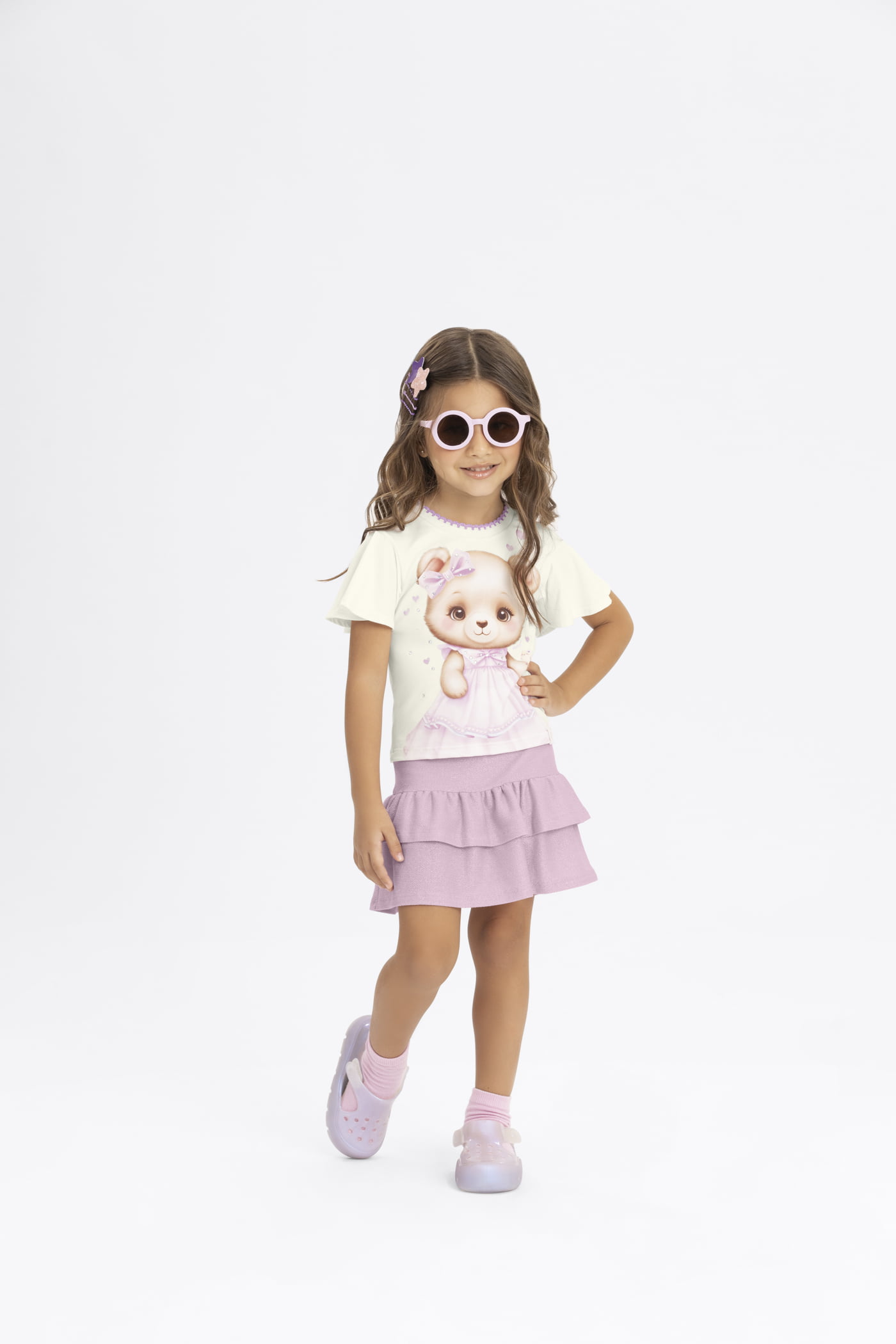 CONJUNTO INFANTIL ALAKAZOO BLUSA ESTAMPA URSINHA E SAIA EM TECIDO MAQUINETADO - A5291