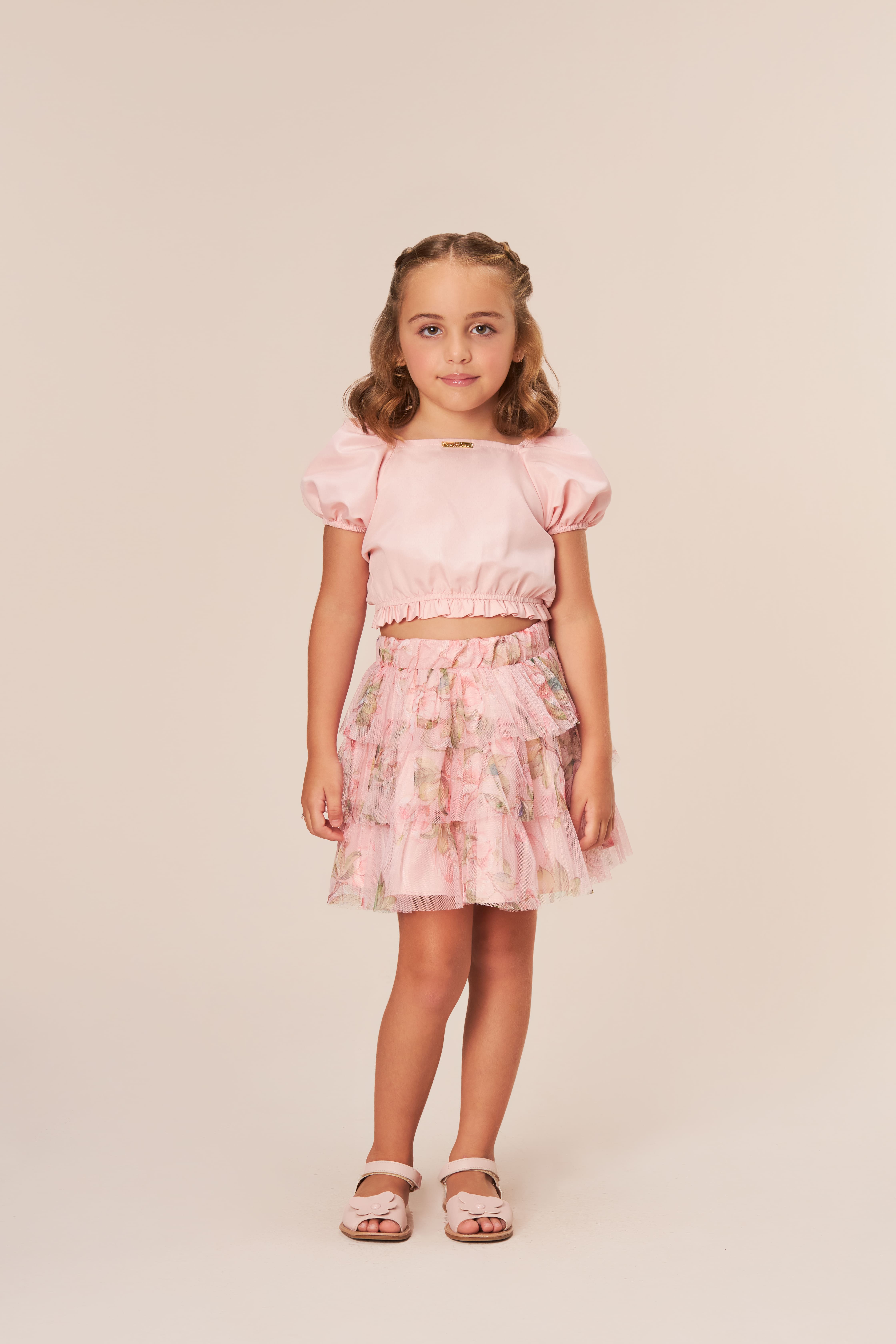 CONJUNTO INFANTIL BAMBOLLINA BLUSA CROPPED ROSE E SAIA COM BABADOS DE TULE - 1067190