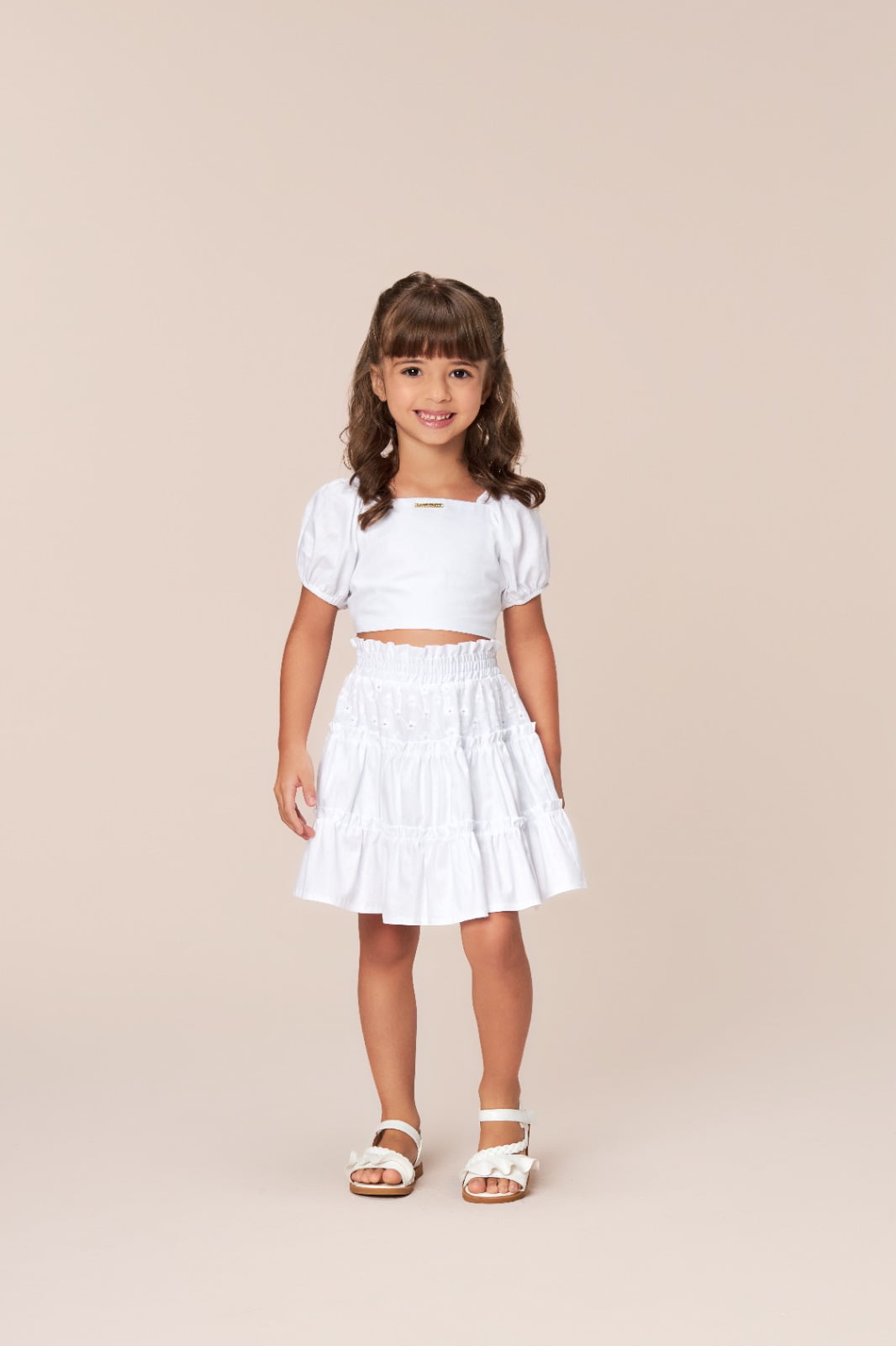 CONJUNTO INFANTIL BAMBOLLINA TOP E SAIA EM TRICOLINE BRANCO - 1267290