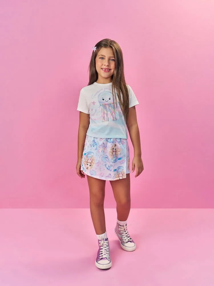 CONJUNTO INFANTIL CINTI BLUSA COM ÁGUA - VIVA INTERATIVA E SAIA - SHORT ESTAMPADO  - 12563