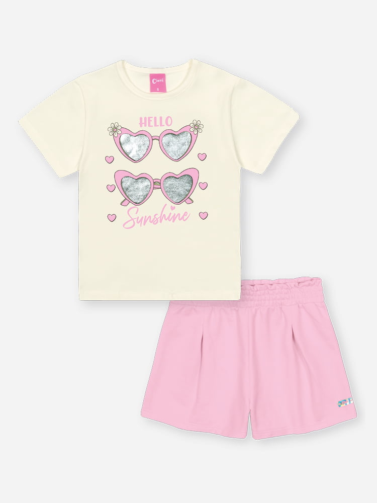 CONJUNTO INFANTIL CINTI BLUSA COM ESTAMPA METALIZADA E SHORT EM MOLETOM - 12542