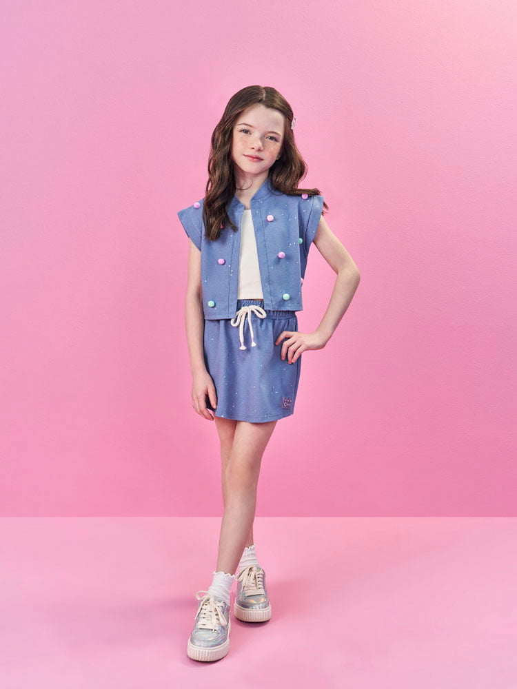 CONJUNTO INFANTIL CINTI BLUSA CROPPED COLETE E SHORT EM JEANS MÉDIO - 12589