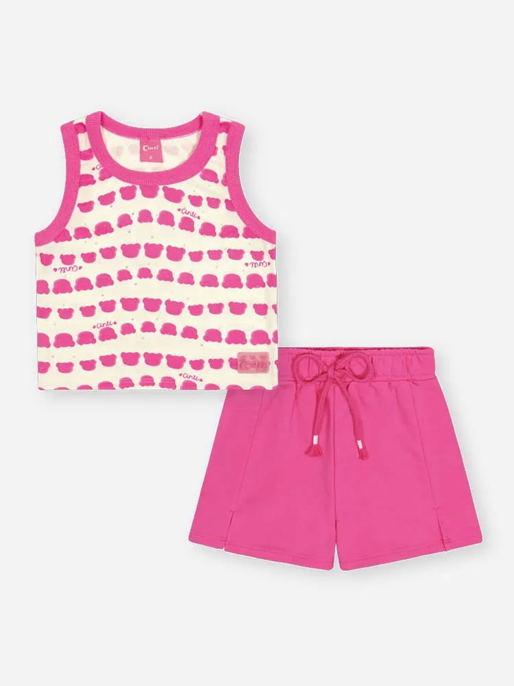 CONJUNTO INFANTIL CINTI BLUSA CROPPED EM NEW STRETCH E SHORT EM MOLETINHO - 012262610
