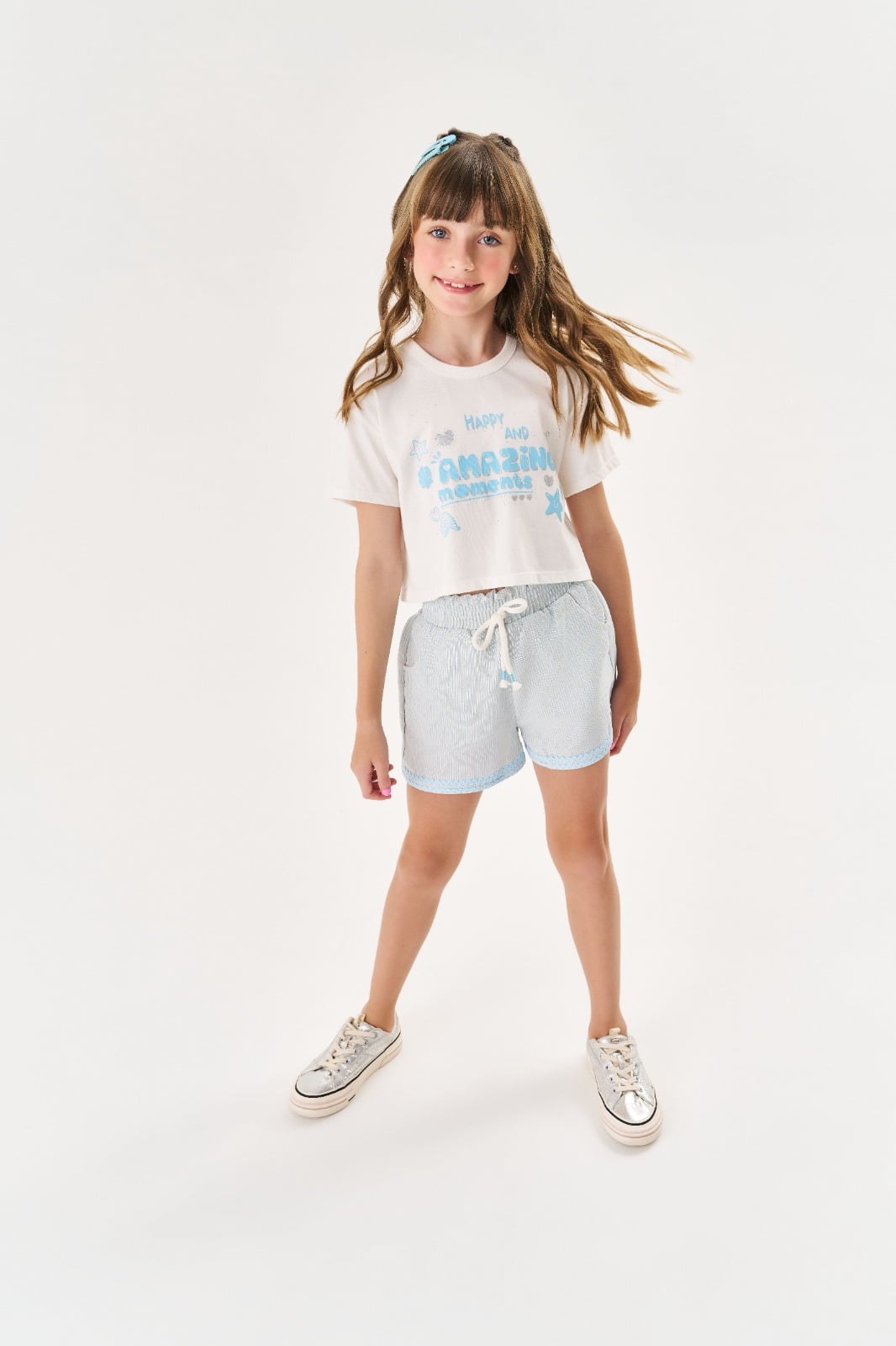 CONJUNTO INFANTIL CINTI BLUSA CROPPED ESTAMPADA E SHORT AZUL - 12107