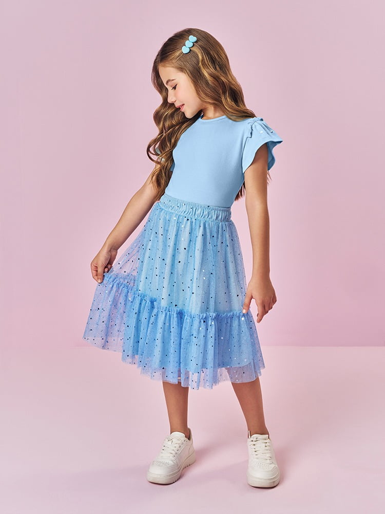 CONJUNTO INFANTIL CINTI BLUSA E SAIA MIDI EM TULE COM CORAÇÕES E BRILHO - 12656