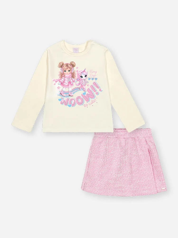 CONJUNTO INFANTIL CINTI BLUSA EM COTTON ESTAMPADA E SHORT-SAIA EM TWEED - 012260550