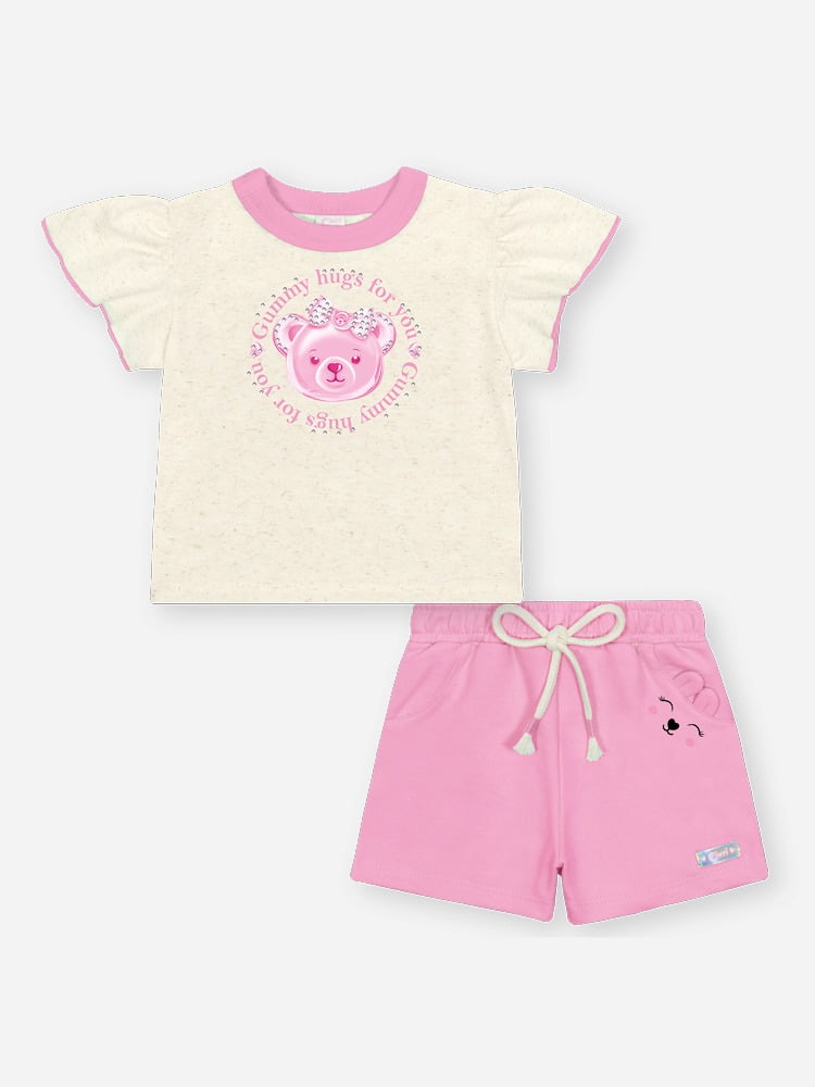 CONJUNTO INFANTIL CINTI BLUSA EM LINHO COM ESTAMPA DE URSINHO E SHORT EM MOLETINHO - 10477
