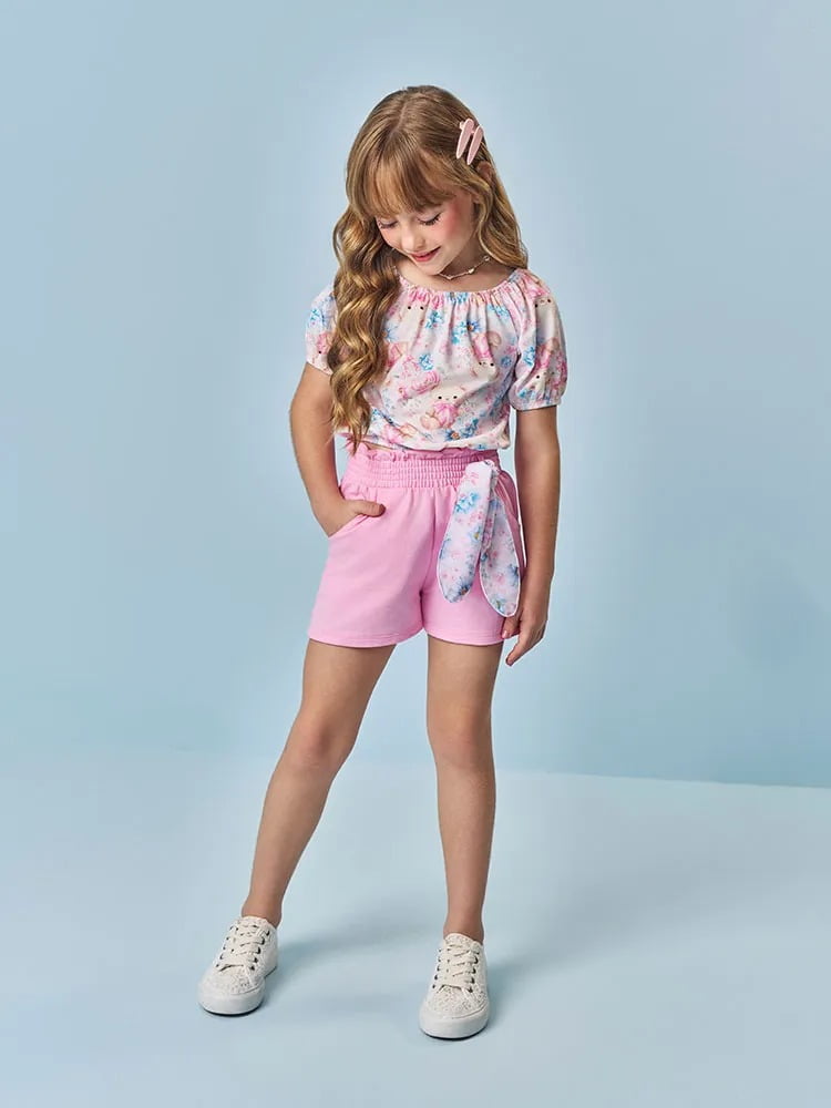 CONJUNTO INFANTIL CINTI BLUSA ESTAMPA FLORAL COM URSINHO E SHORT - 12719