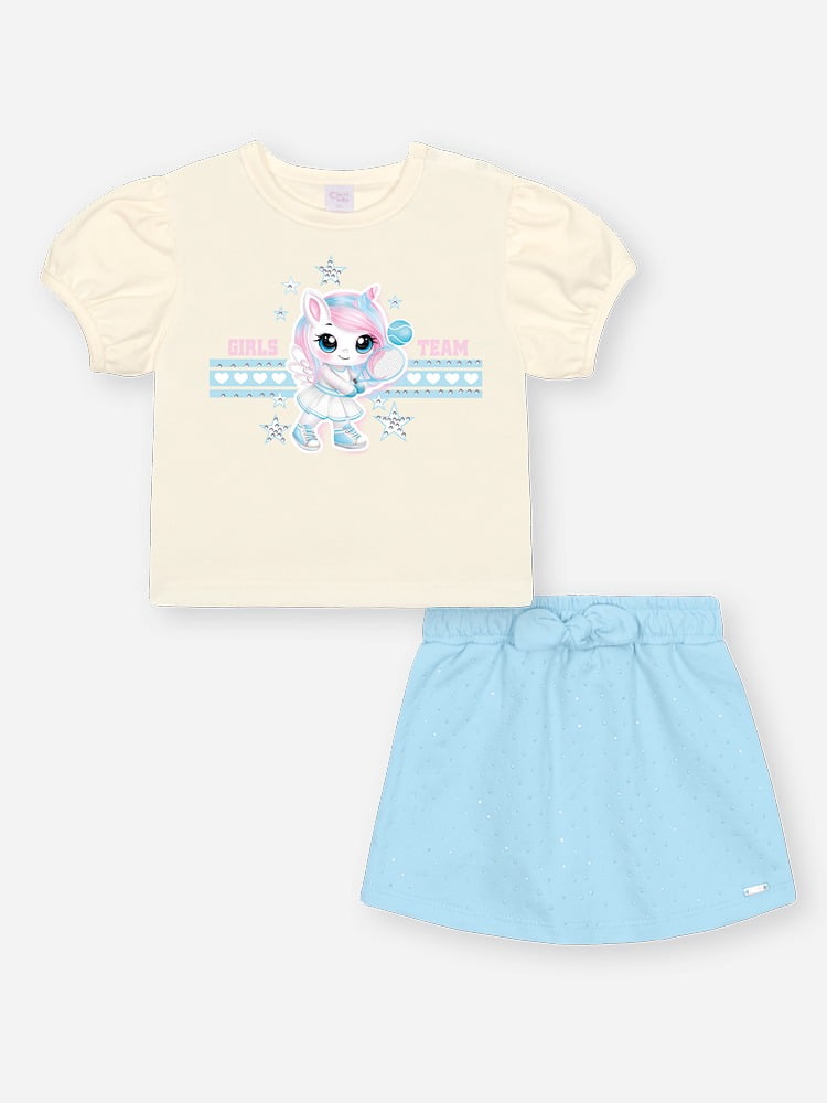 CONJUNTO INFANTIL CINTI BLUSA ESTAMPA UNICÓRNIO E SHORT - SAIA COM STRASS - 10478