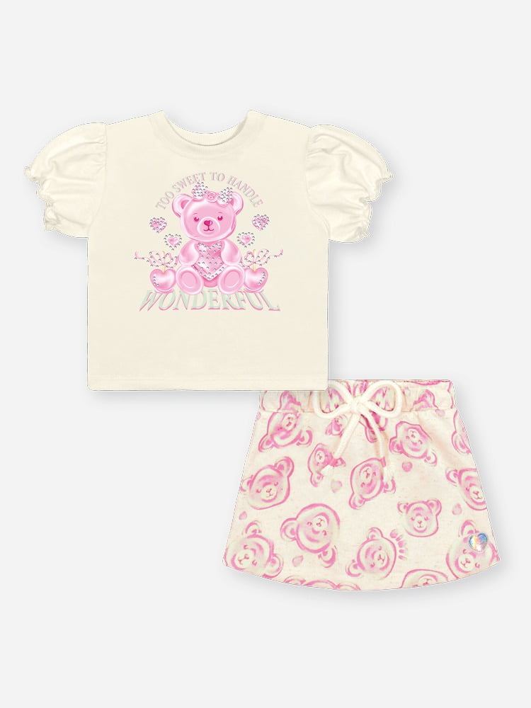 CONJUNTO INFANTIL CINTI BLUSA ESTAMPA WONDERFUL E SHORT- SAIA EM MOLETOM LINHO - 10480