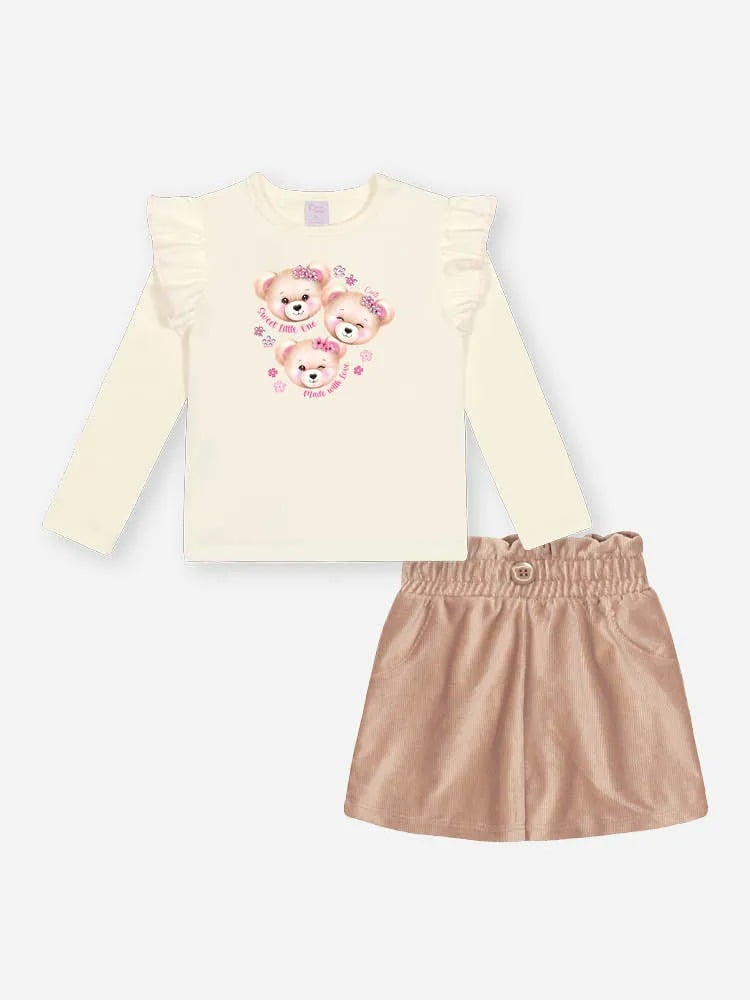 CONJUNTO INFANTIL CINTI BLUSA ESTAMPADA E SAIA EM VELUDO COTELÊ DE MALHA - 012260600