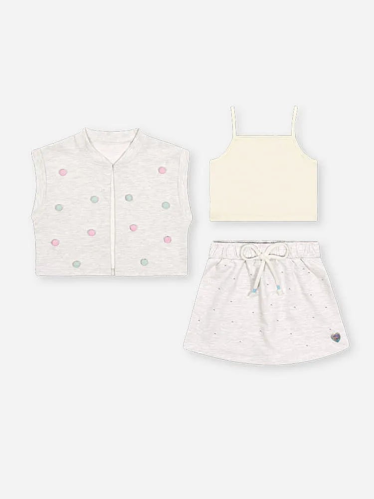 TRIO CONJUNTO INFANTIL CINTI COLETE COM POMPONS E TOP CROPPED E SHORT-SAIA EM MOLETINHO - 012262590