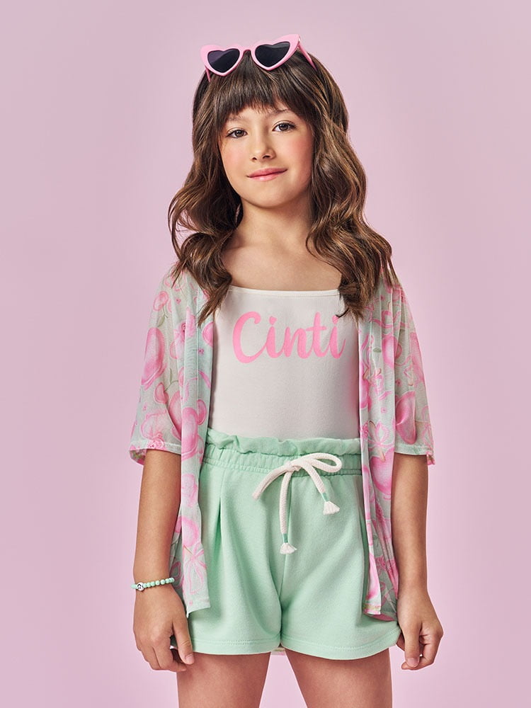 CONJUNTO INFANTIL CINTI CREPPED REGATA COM KIMONO EM TULE ESTAMPADO E SHORT EM MOLETINHO - 12654