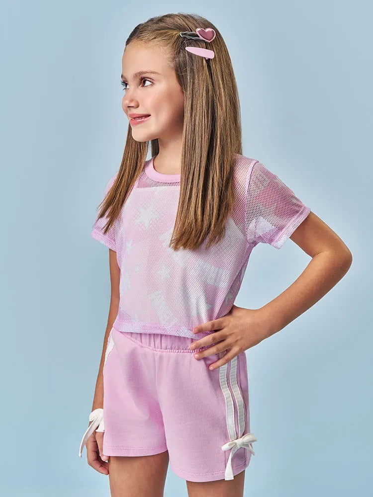 CONJUNTO INFANTIL CINTI CROPPED REGATA COM SOBREPOSIÇÃO ESTAMPA GIRLS TEAM E SHORT - 12751