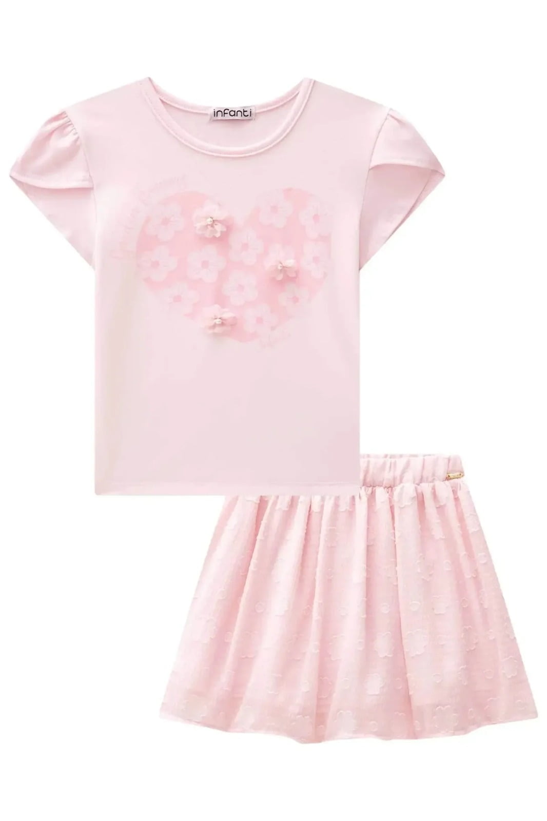 CONJUNTO INFANTIL INFANTI BLUSA EM COTTON E SAIA EM CHIFFON FLORES COM SHORT EMBUTIDO - 84337