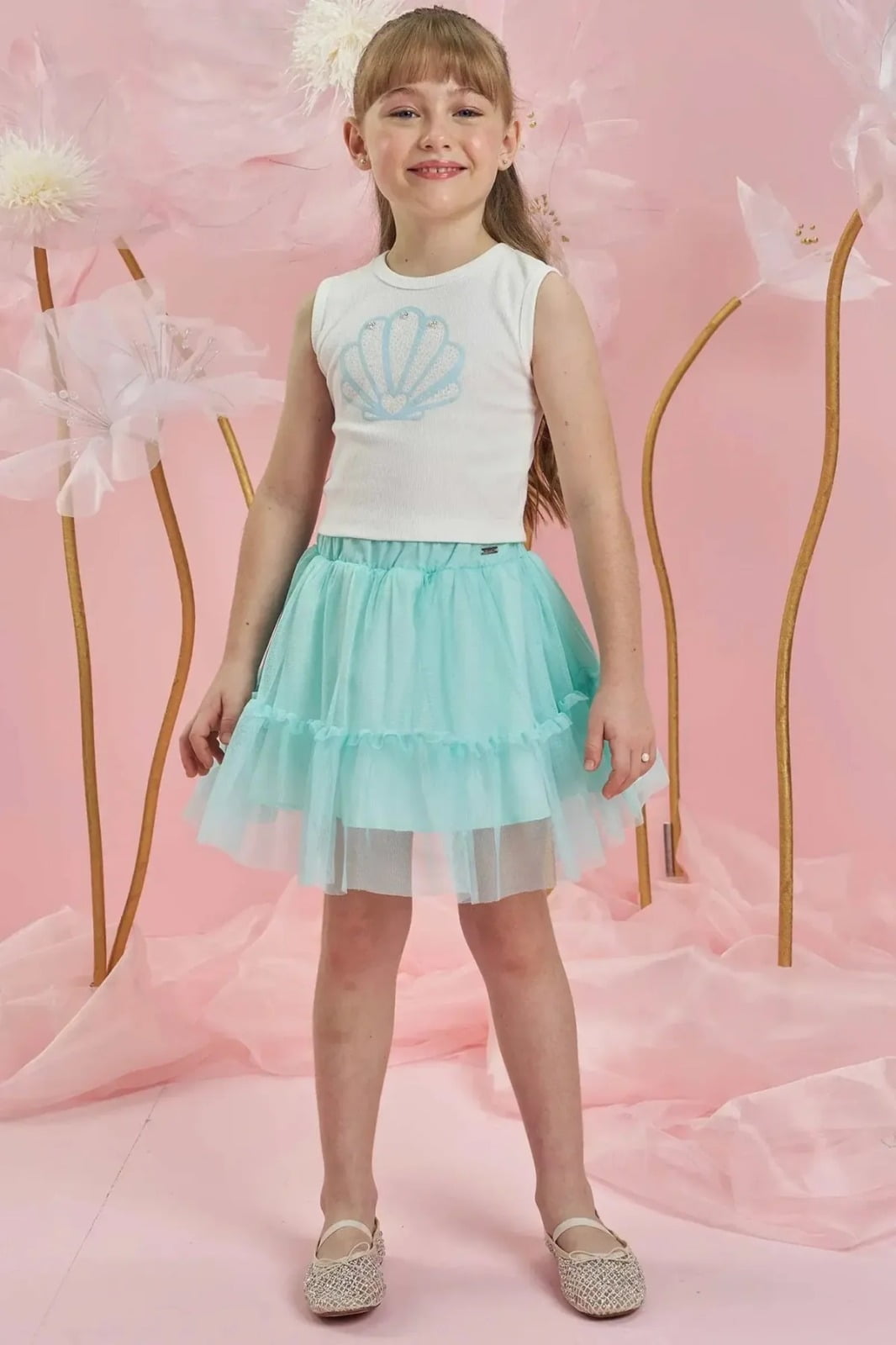 CONJUNTO INFANTIL INFANTI REGATA CROPPED EM CANELADO LIZ E SAIA EM TULE COM SHORT - 83986