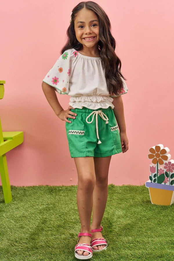 CONJUNTO INFANTIL KUKIÊ BLUSA BOXY EM COTTON E SHORTS EM BLEND DE LINHO - 76997