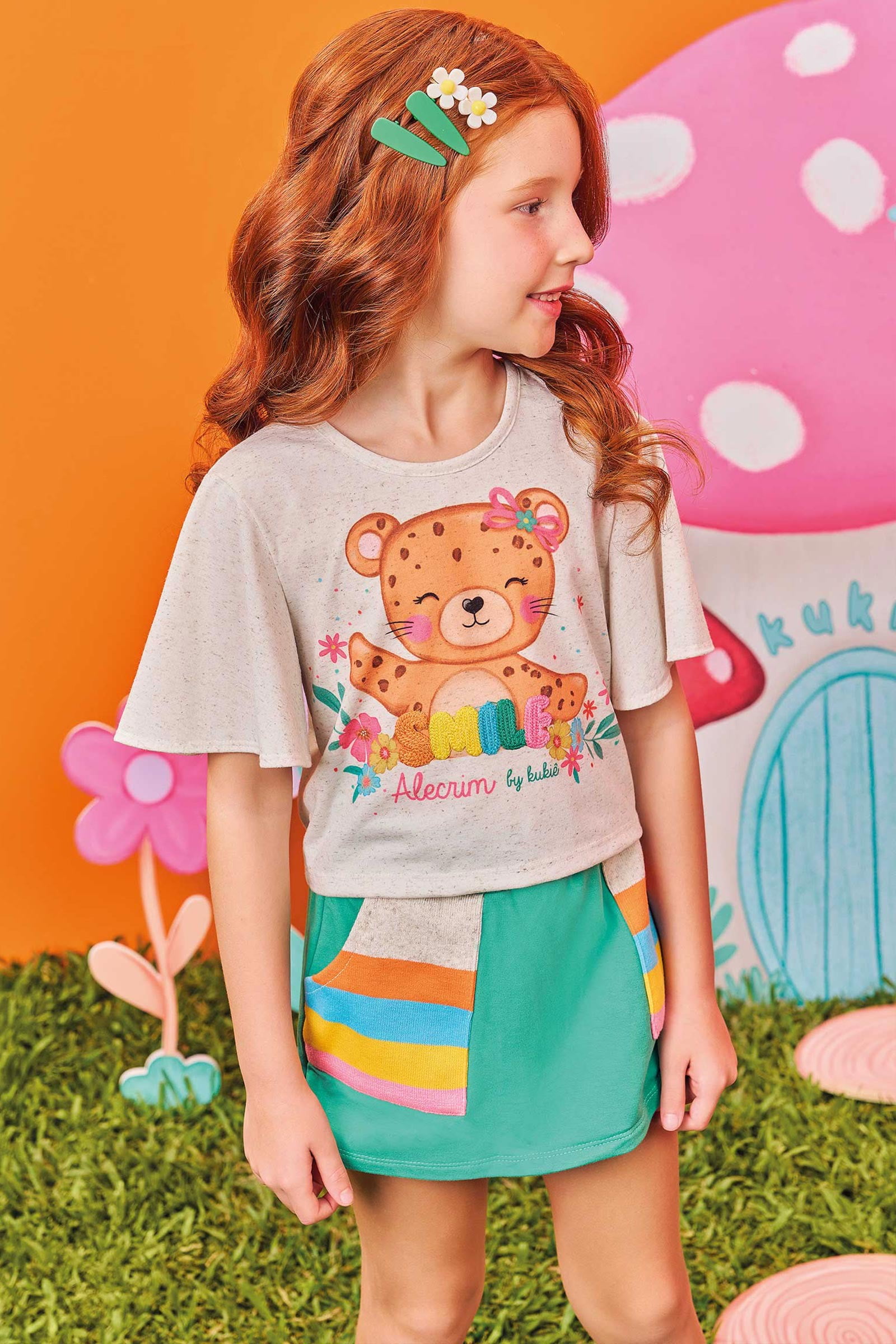 CONJUNTO INFANTIL KUKIÊ BLUSA BOXY EM COTTON LINHO E SHORT SAIA EM MOLEVISCO - 74166