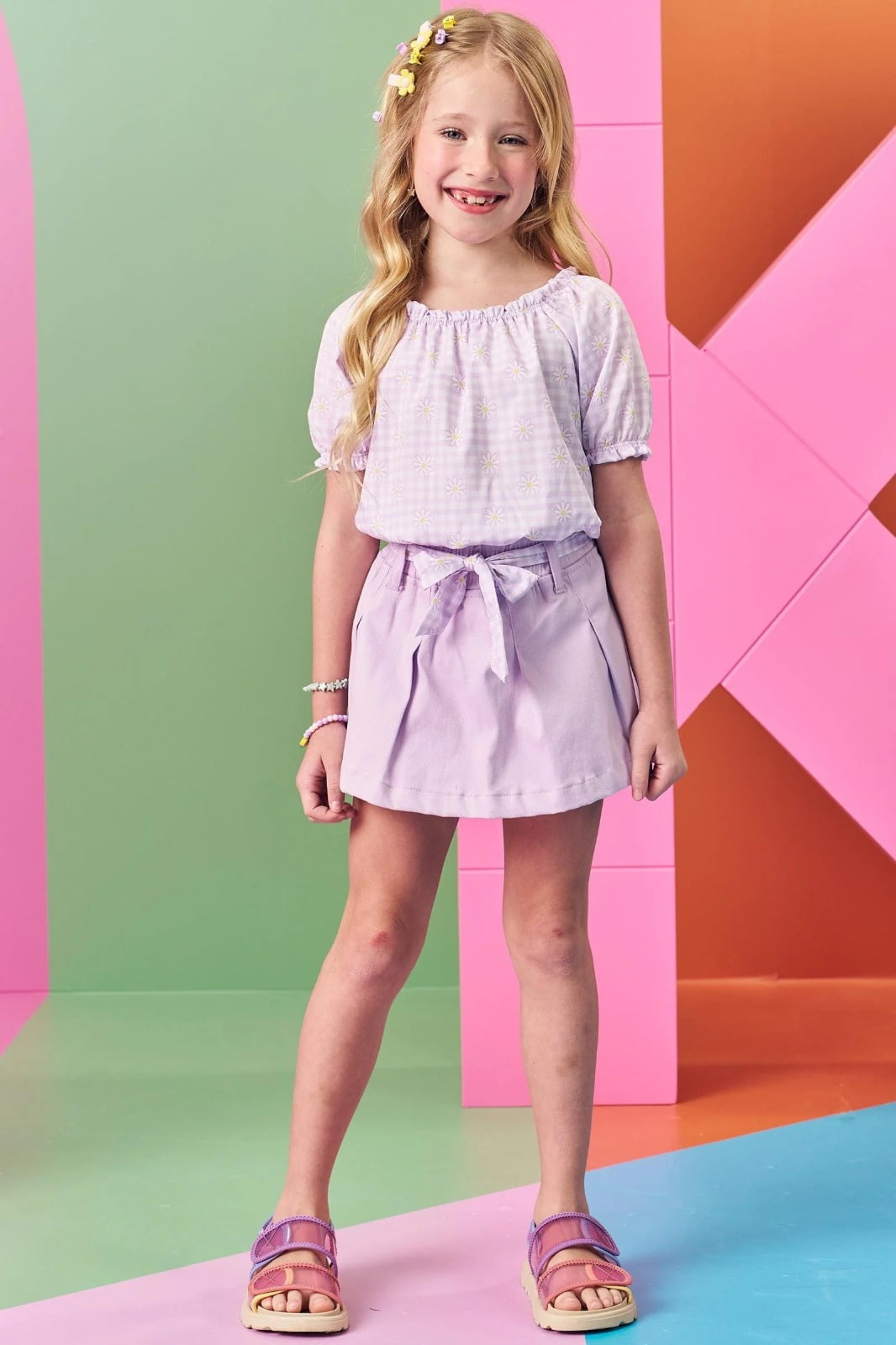 CONJUNTO INFANTIL KUKIÊ BLUSA BOXY EM SUPER SOFT E SHORT SAIA EM SARJA COM ELASTANO - 76405