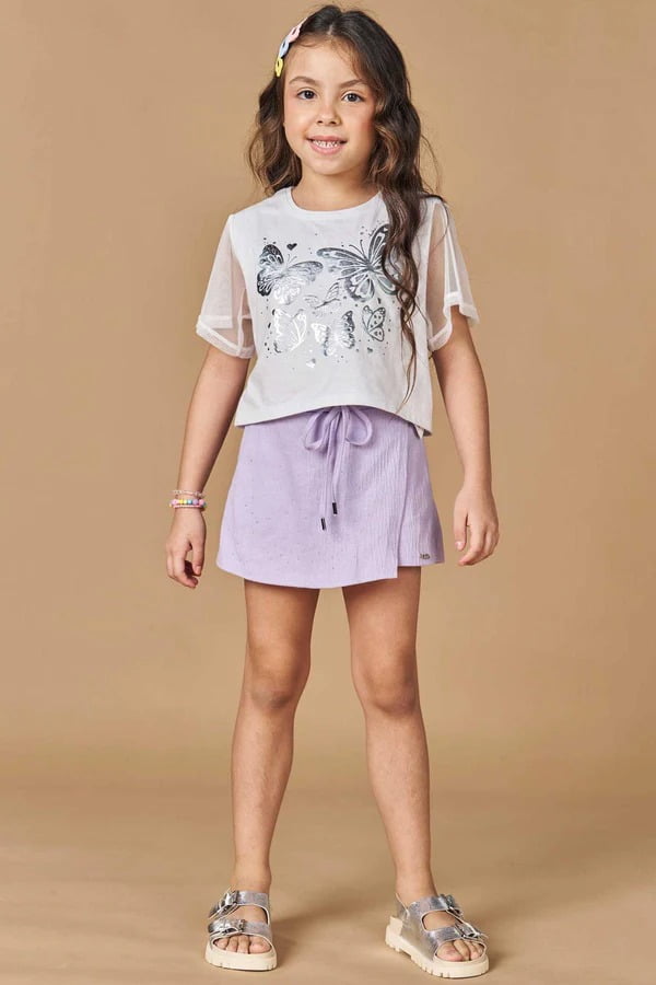 CONJUNTO INFANTIL KUKIÊ BLUSA BOXY OVER EM MEIA MALHA E SHORT SAIA EM MALHA WAVE - 78390