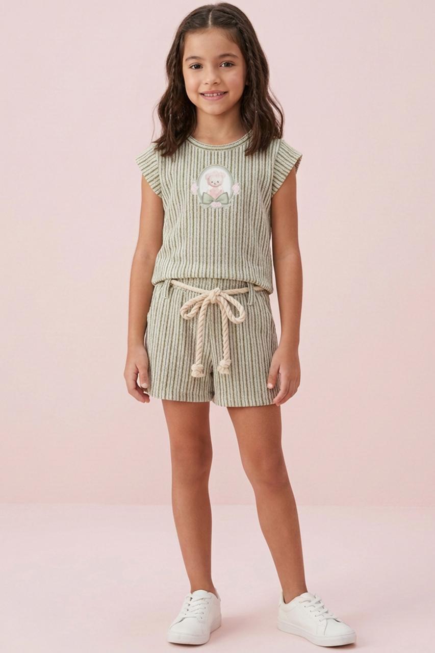 CONJUNTO INFANTIL KUKIÊ BLUSA E SHORTS EM MALHA LISTRADA BRILHO - 96842