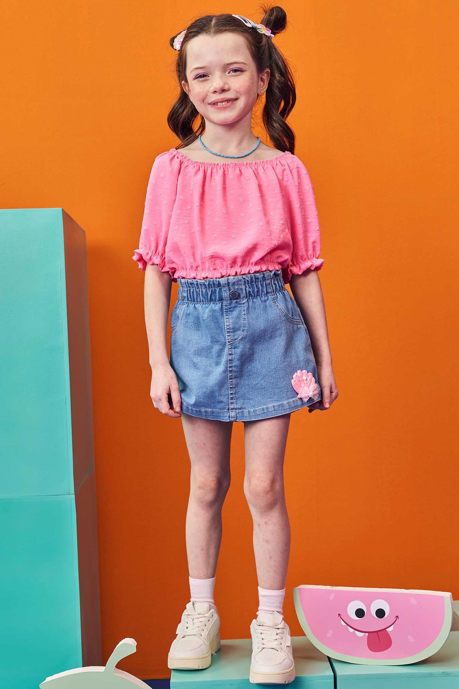 CONJUNTO INFANTIL KUKIÊ BLUSA EM AIR FLOW SHORT SAIA EM JEANS BELLINI - 75845