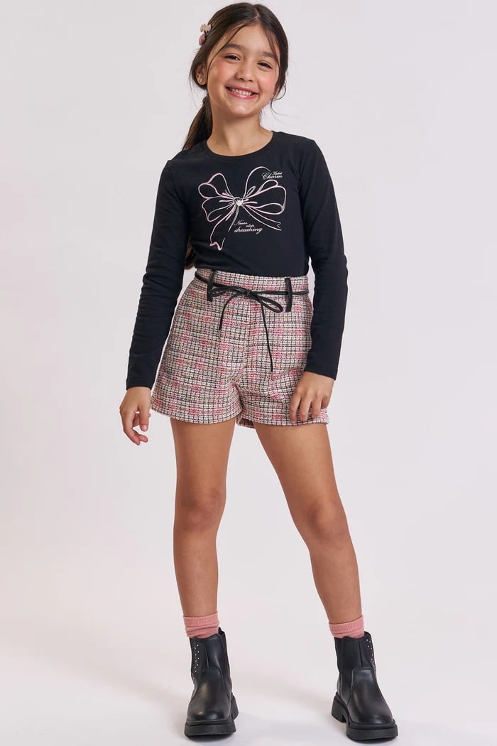 CONJUNTO INFANTIL KUKIÊ BLUSA EM CANELADO E SHORTS EM MALHA TWEED SHINE - 91822