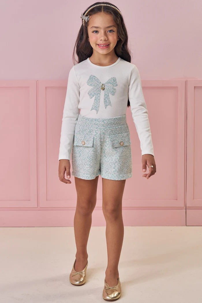 CONJUNTO INFANTIL KUKIÊ BLUSA EM CANELADO E SHORTS EM TWEED COMFY - 90917