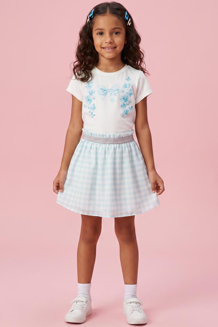 CONJUNTO INFANTIL KUKIÊ BLUSA EM MEIA MALHA E SAIA EM CHIFFO XADREZ - 95442