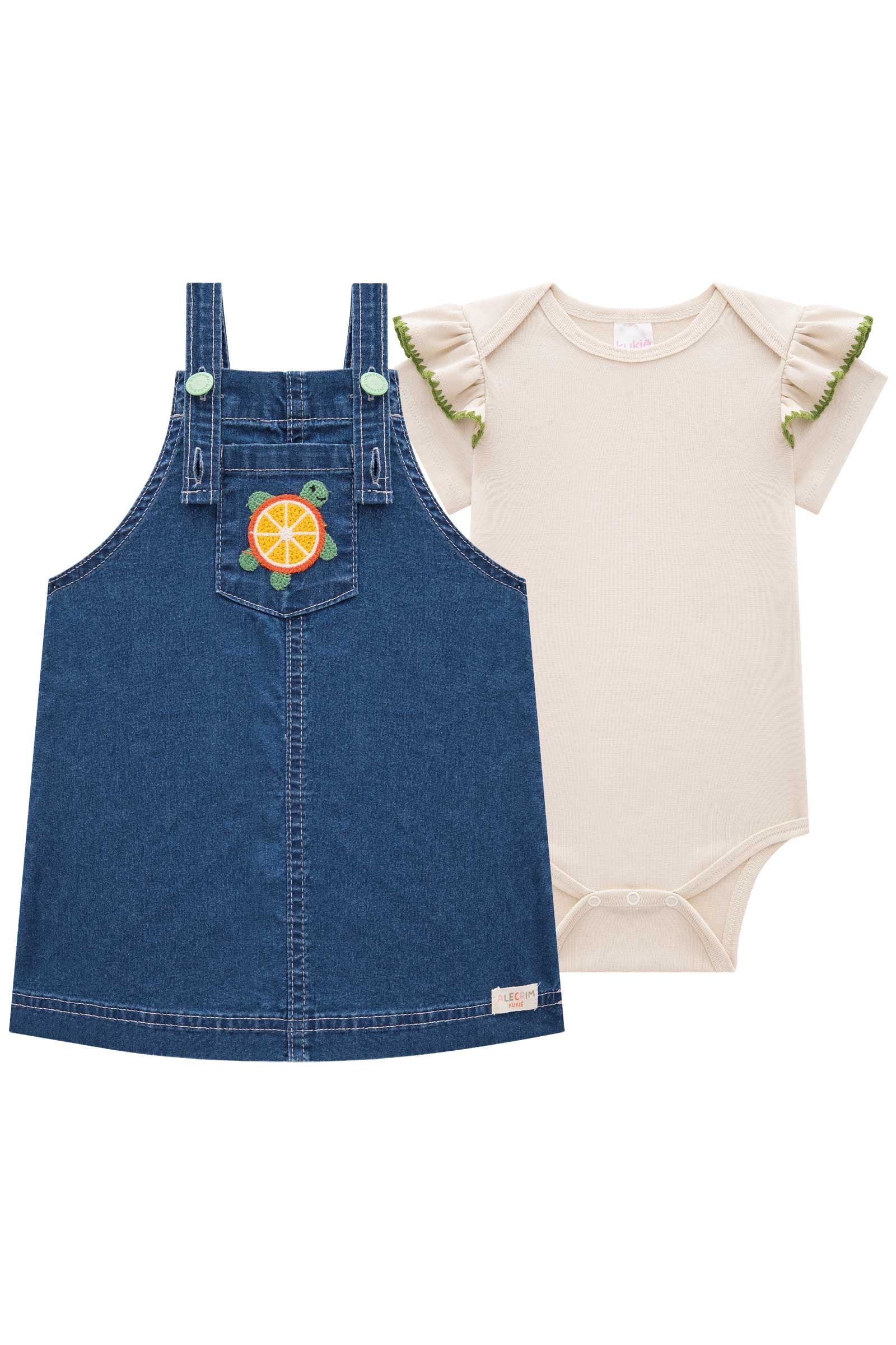 CONJUNTO INFANTIL KUKIÊ BODY E SALOPETE EM JEANS - 75491