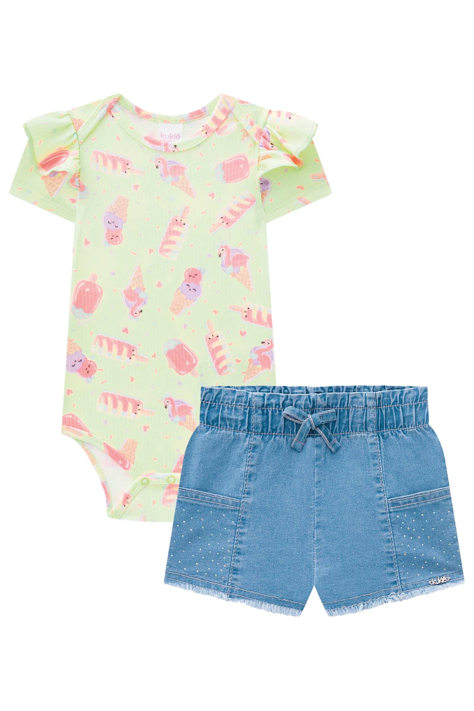 CONJUNTO INFANTIL KUKIÊ BODY EM CANELADO MAUÍ E SHORTS EM JEANS LIZ - 74520