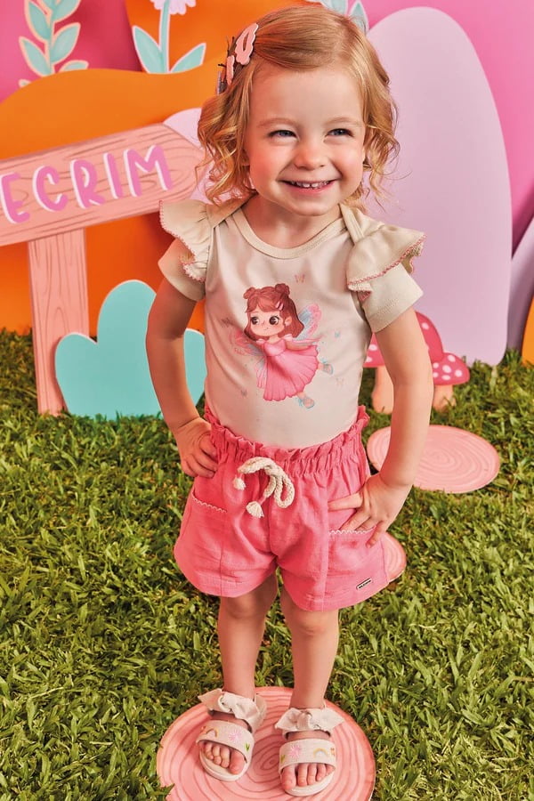 CONJUNTO INFANTIL KUKIÊ BODY EM RIBANA E SHORTS EM LINHO MAQUINETADO - 75516