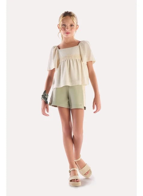 CONJUNTO INFANTIL MENINA ANJO BLUSA EM MALHA TRICOT E SHORTS EM MOLETOM VERDE -4500084