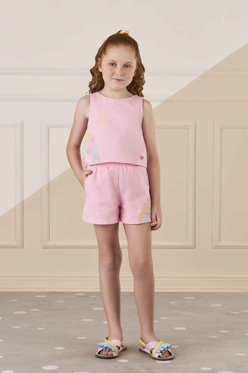 CONJUNTO INFANTIL MON SUCRÉ BLUSA E SHORT EM JEANS ROSA COM DETALHES BORDADO - 51138025094