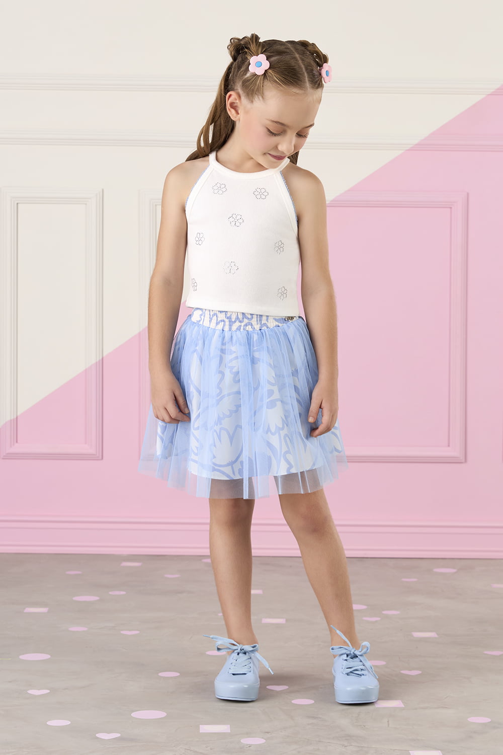 CONJUNTO INFANTIL MON SUCRÉ BLUSA EM RIBANA COM STRASS E SAIA EM TULE ESTAMPADA - 51138025052