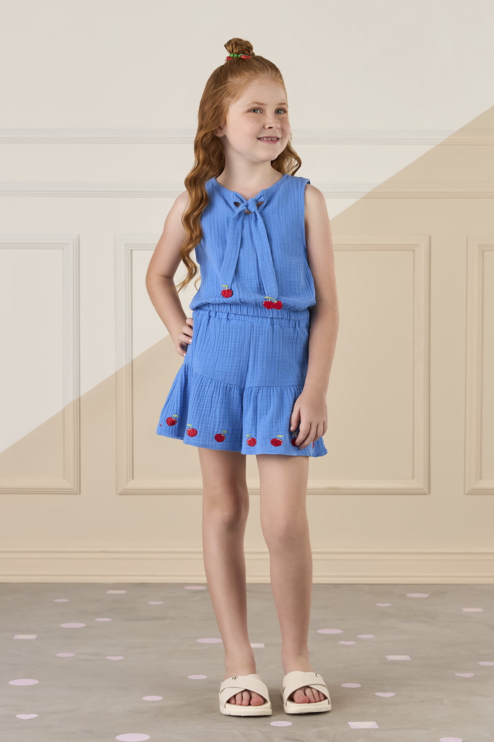 CONJUNTO INFANTIL MON SUCRÉ EM ALGODÃO BLUSA E SHORT AZUL COM BORDADO - 51138025044