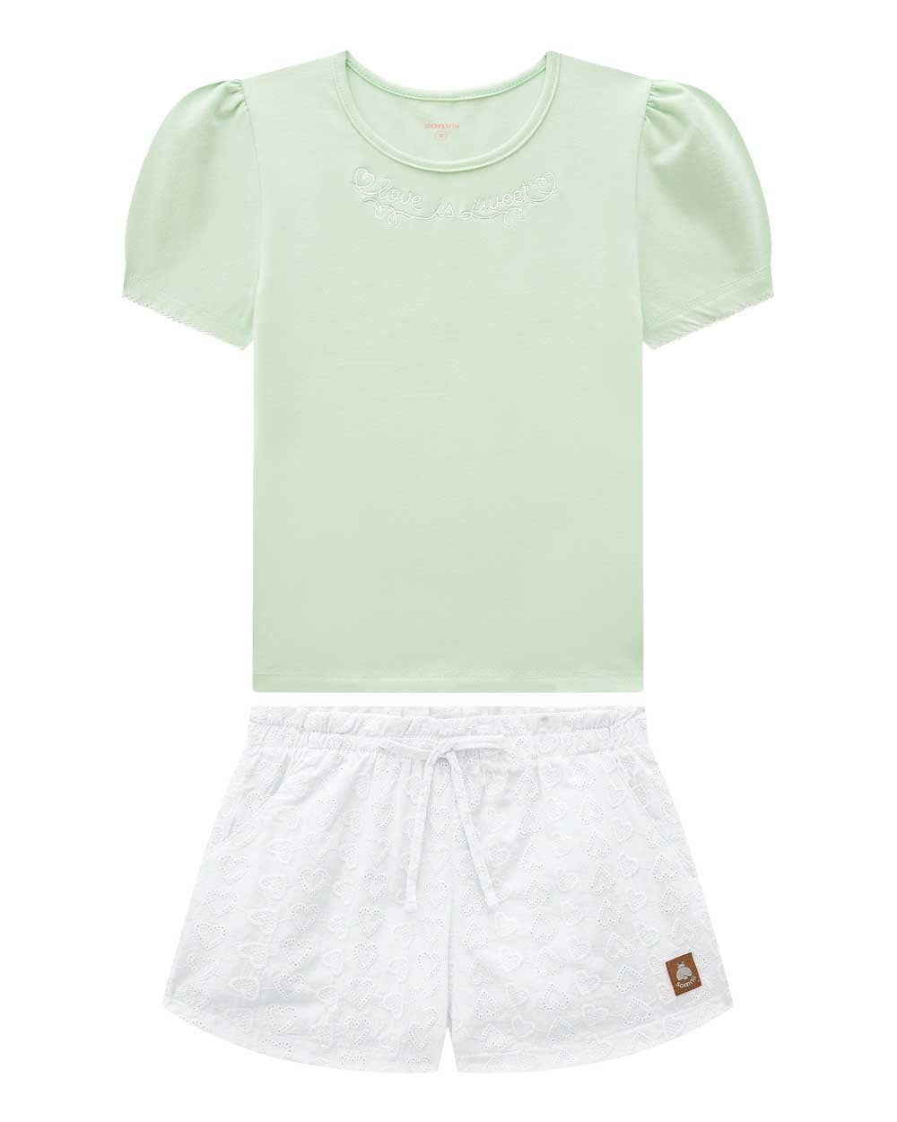 CONJUNTO INFANTIL SOMNII BLUSA EM COTTON E SHORT COLCHARD EM TECIDO LESIE CORAÇÕES - 3243081