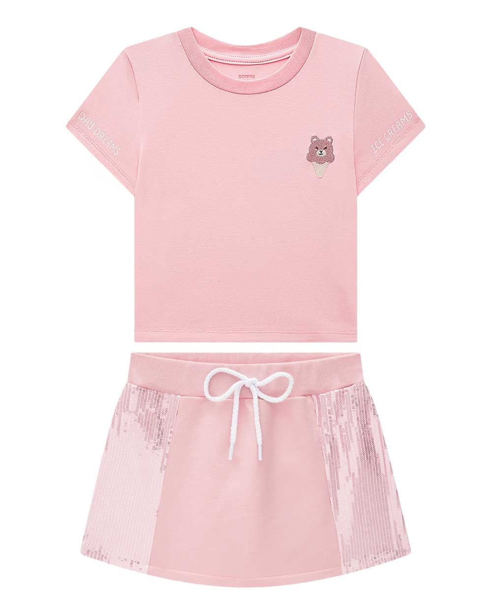 CONJUNTO INFANTIL SOMNII BLUSA EM COTTON E SHORTS SAIA EM MALHA PAETE COM MOLETINHO - 3243076