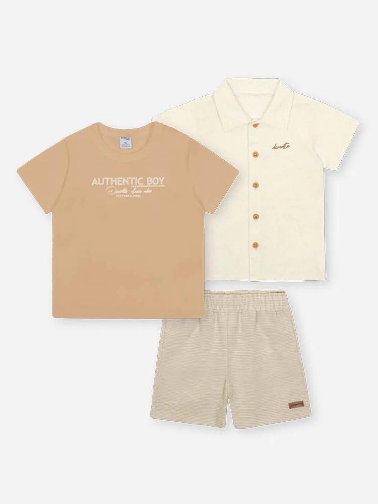 CONJUNTO INFANTIL DIVERTTO CAMISETA ESTAMPADA CAMISA  EM LINHO E BERMUDA EM TECIDO SUSTENTÁVEL - 16270 