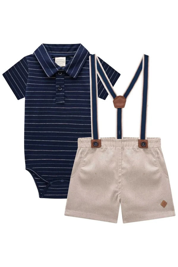 CONJUNTO INFANTIL LUC.BOO BODY EM MALHA LISTRA PONTILHADA E BERMUDA EM TECIDO ECO COM ELASTANO - 78393