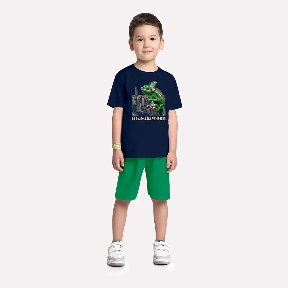 CONJUNTO INFANTIL MENINO KYLY CAMISETA ESTAMPA CAMALEÃO E BERMUDA - 1000957