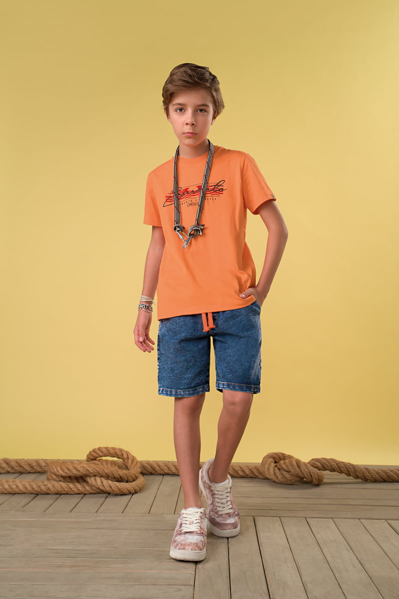 CONJUNTO INFANTIL MENINO LAMON CAMISETA LARANJA ESTAMPADA E BERMUDA EM JEANS - 30826