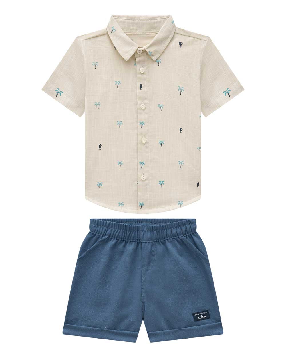 CONJUNTO INFANTIL MENINO ONDA MARINHA CAMISA EM LINHO LEVE ESTAMPADO E BERMUDA EM LINHO - 1243041