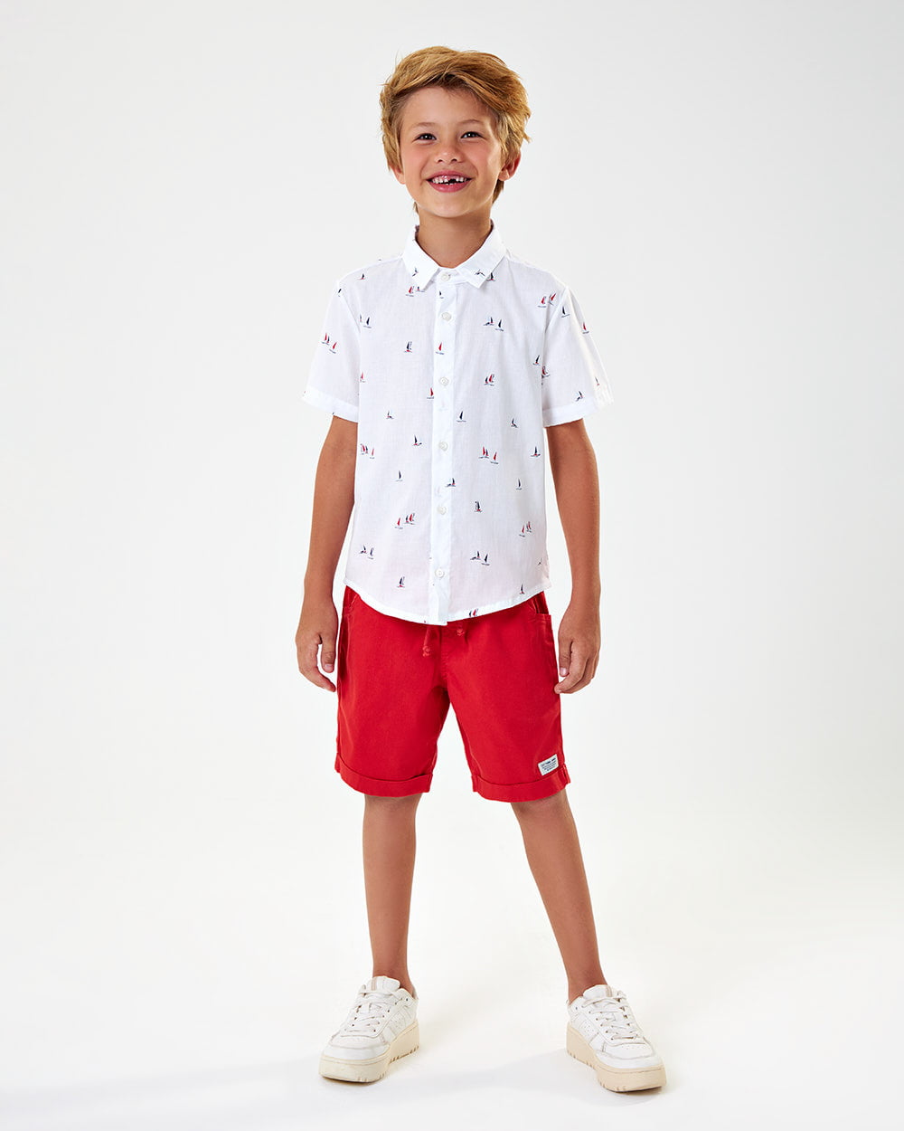 CONJUNTO INFANTIL MENINO ONDA MARINHA CAMISA EM TRICOLINE LENE ESTAMPADA E BERMUDA EM SARJA PITA - 1243085