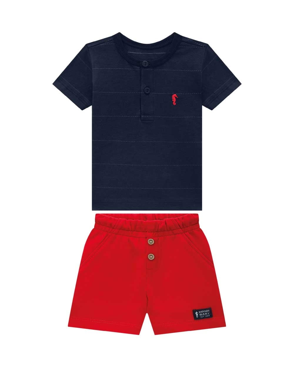 CONJUNTO INFANTIL ONDA MARINHA BATA EM MEIA MALHA LISTRAS PONTILHADA E BERMUDA EM MOLETOM - 1254025