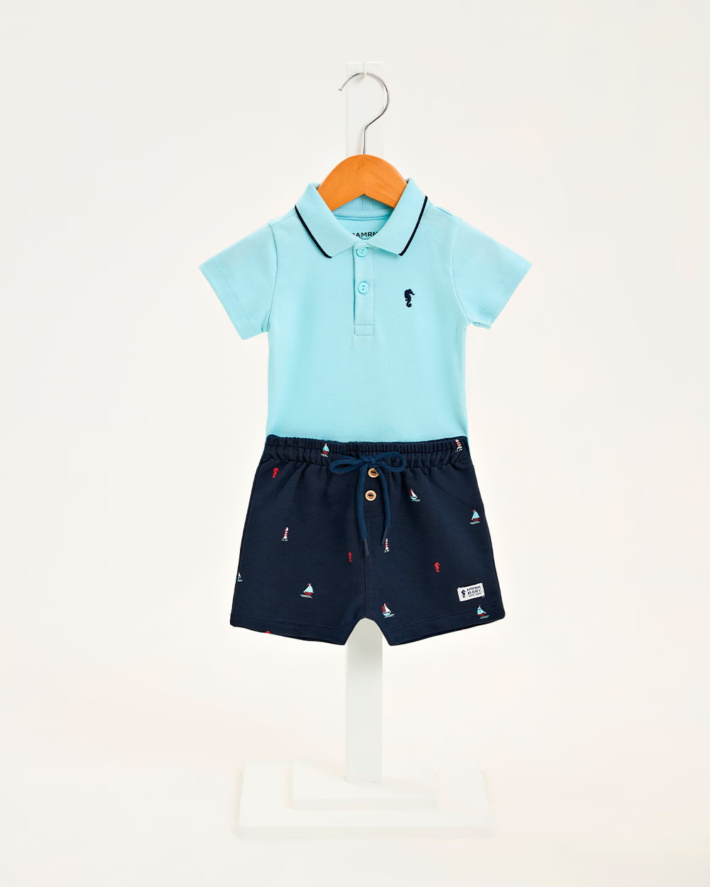 CONJUNTO INFANTIL ONDA MARINHA BODY POLO EM SUEDINE  BERMUDA EM MOLETINHO ESTAMPADO - 1254013