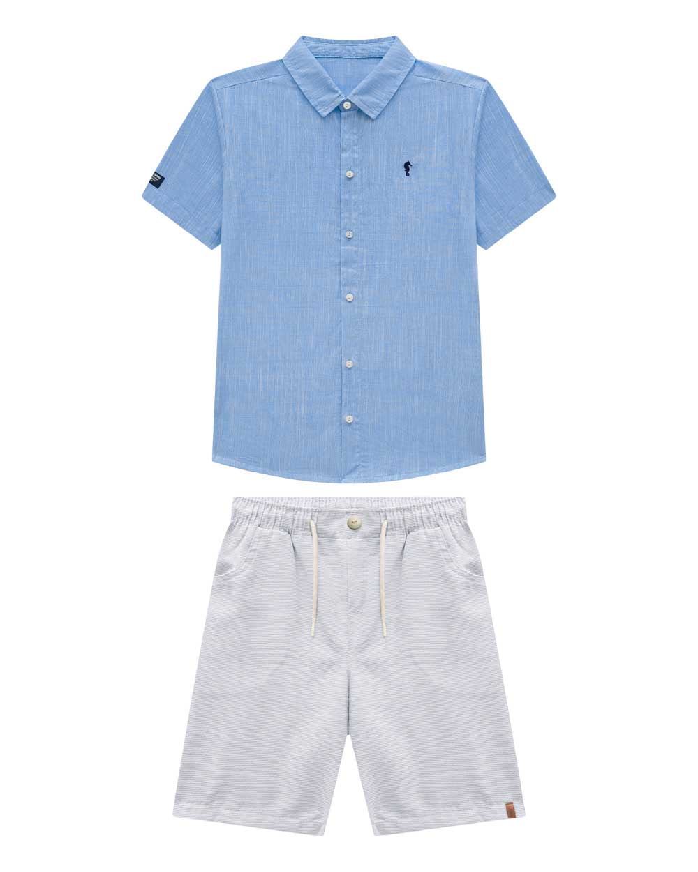 CONJUNTO INFANTIL ONDA MARINHA CAMISA EM LINHO LEVE E BERMUDA EM SARJA ECO LISTRADA - 1243135