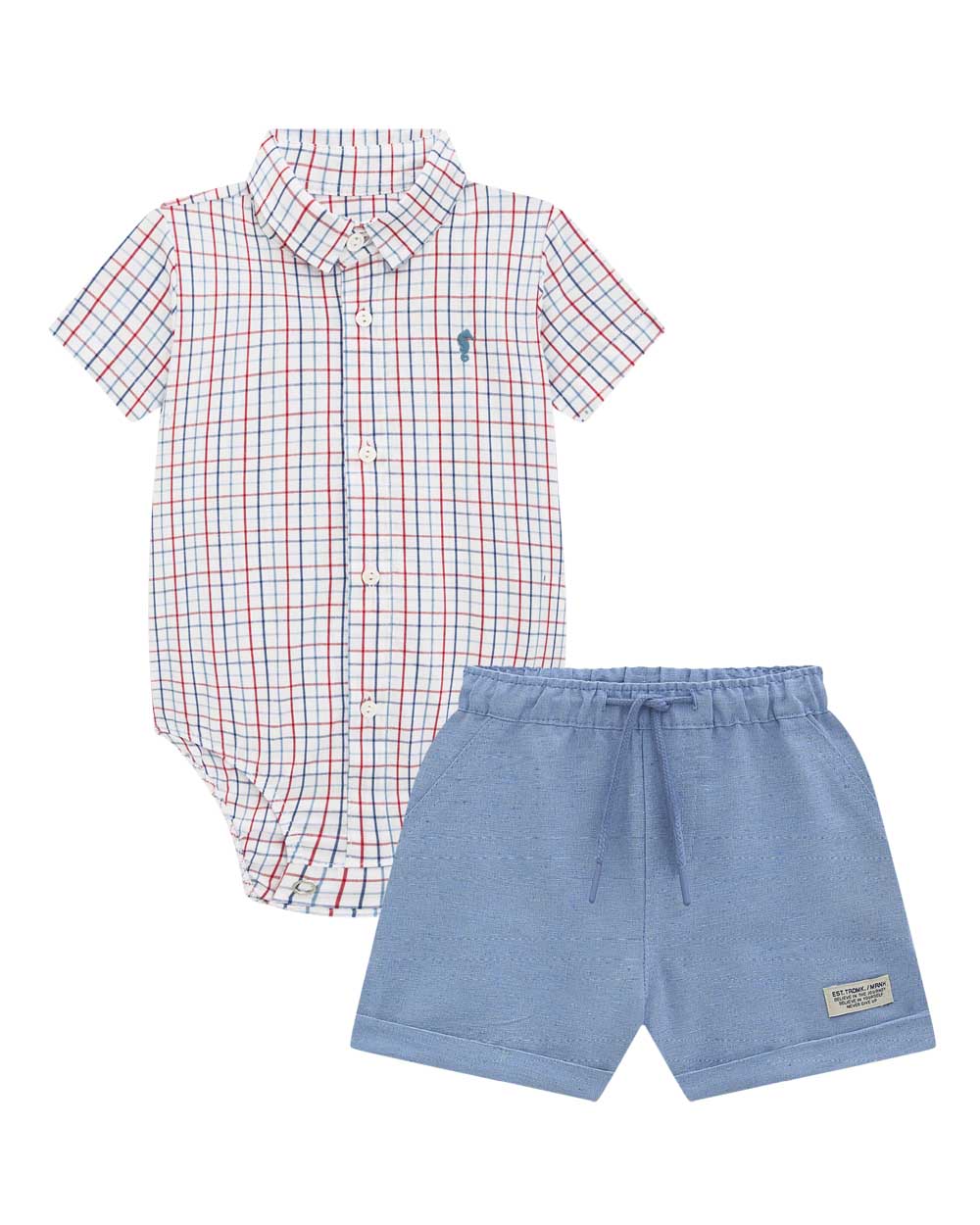 CONJUNTO INFANTIL ONDA MARINHA CAMISA EM TRICOLINE XADREX E BERMUDA EM SARJA ECO - 1243020