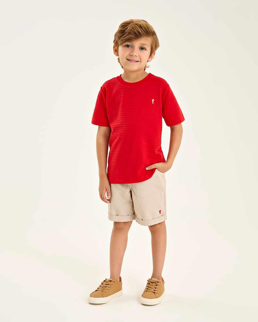 CONJUNTO INFANTIL ONDA MARINHA CAMISETA EM MEIA MALHA TRABALHADA E BERMUDA EM SARJA - 1254052